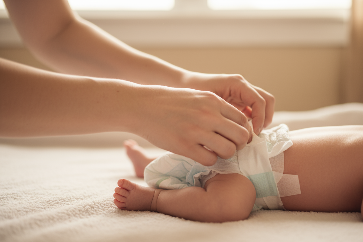 mommy putting diaper on a newborn, view from side, you can see only mony's hands and baby's legs and back